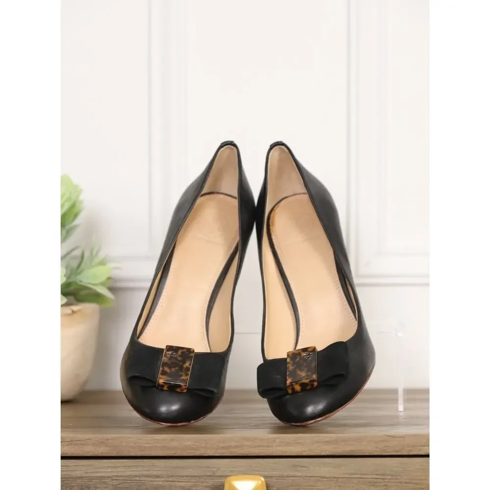 Tory Burch Black Leather Pumps Tortoise Logo Bow Heels Size 8 Classic Preppy